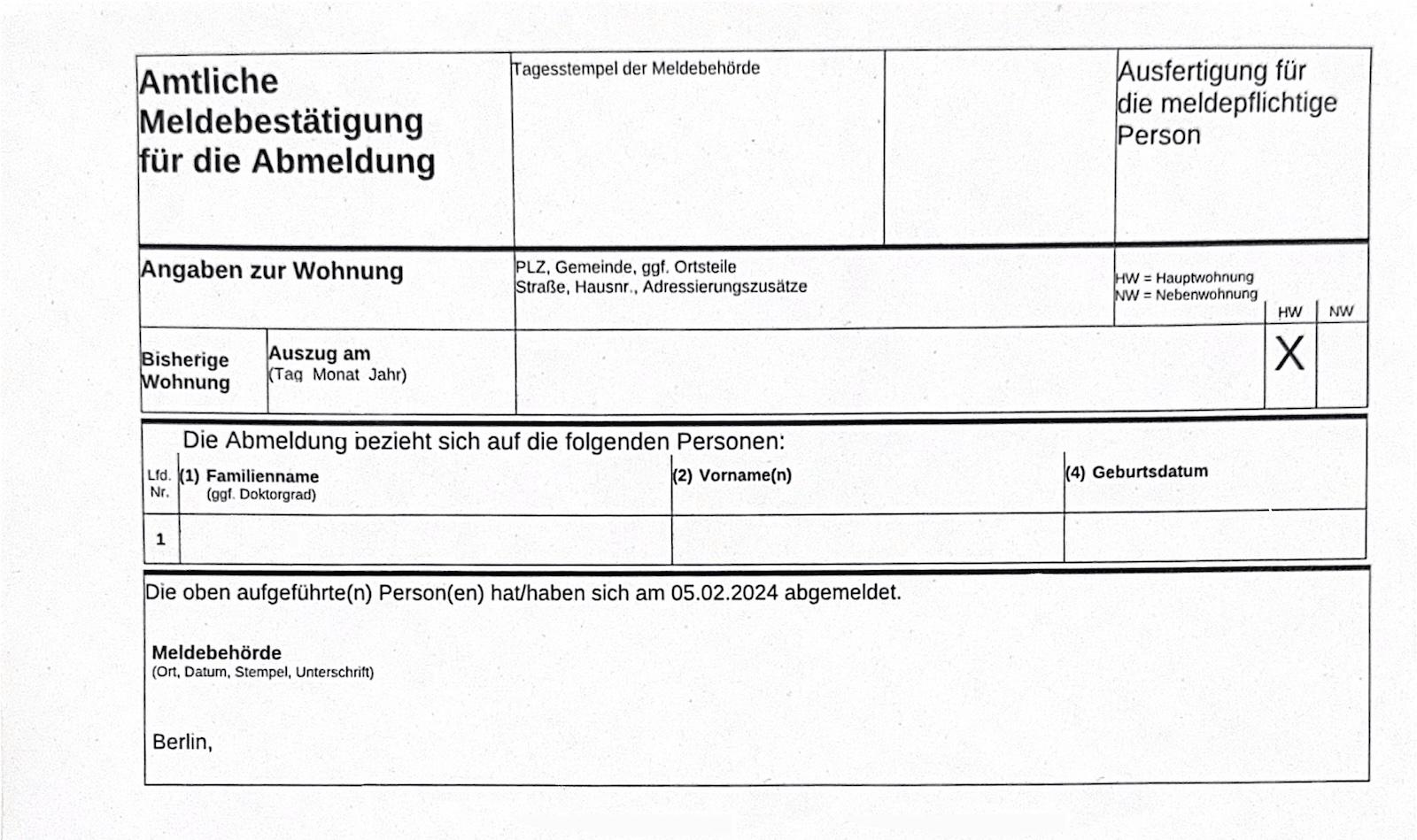 Example Abmeldebescheinigung issued in Berlin Example Abmeldebescheinigung