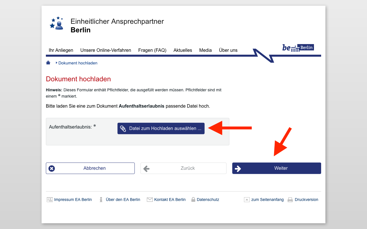Screenshot of step to apply for a Gewerbeschein online