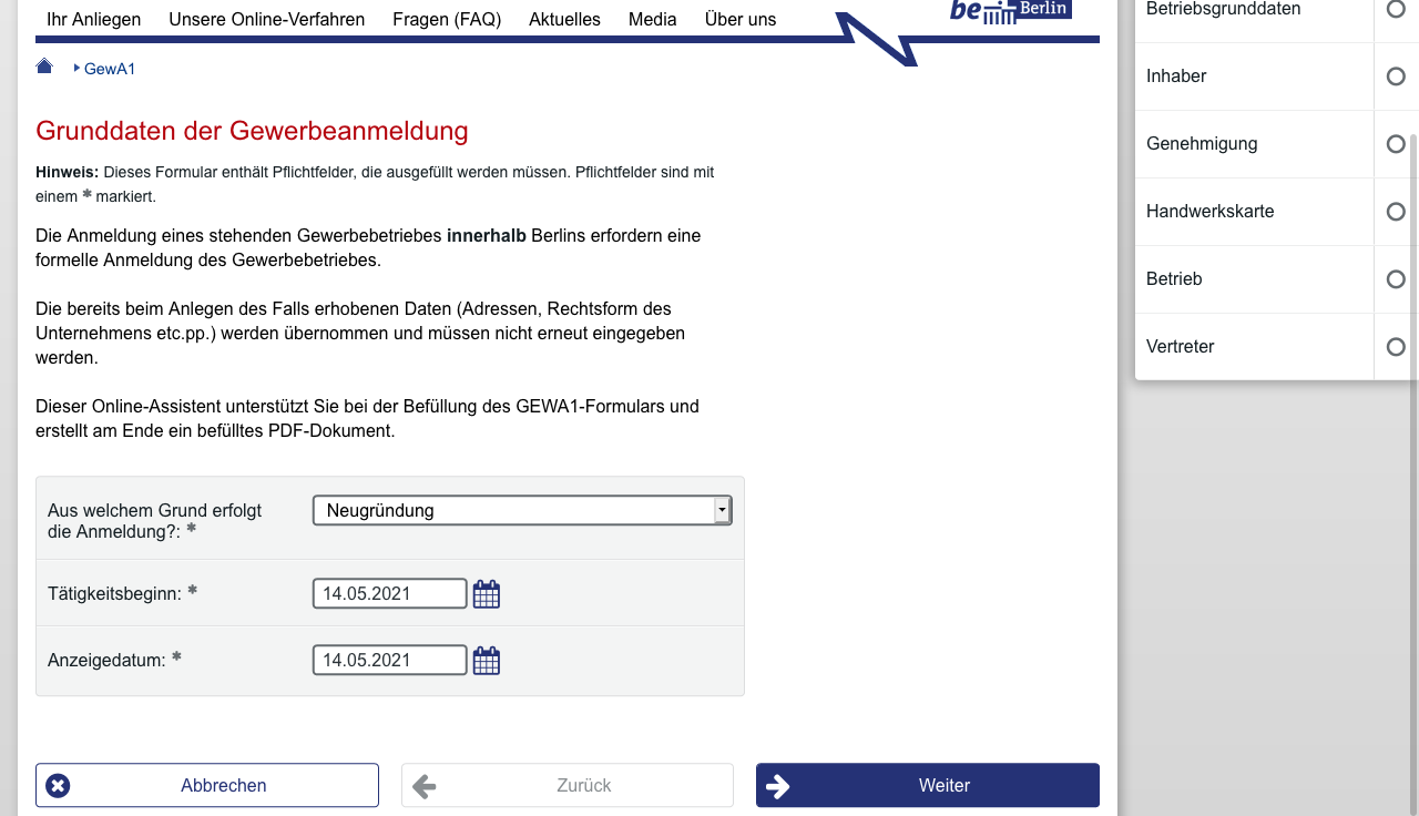Screenshot of step to apply for a Gewerbeschein online