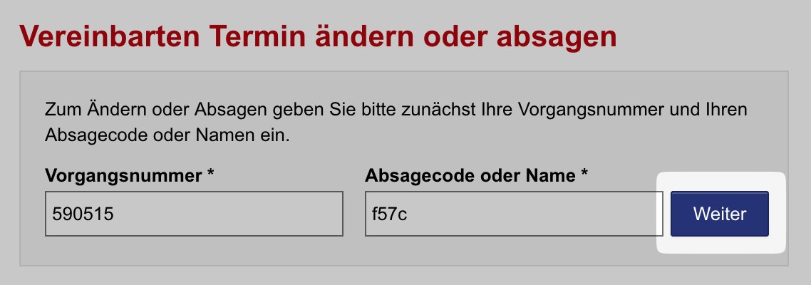 Instructions to cancel a Bürgeramt appointment - Step 1