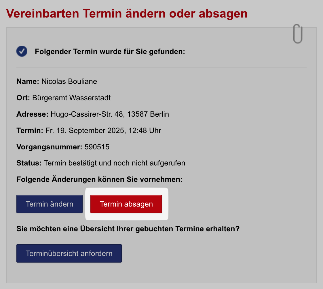 Instructions to cancel a Bürgeramt appointment - Step 2