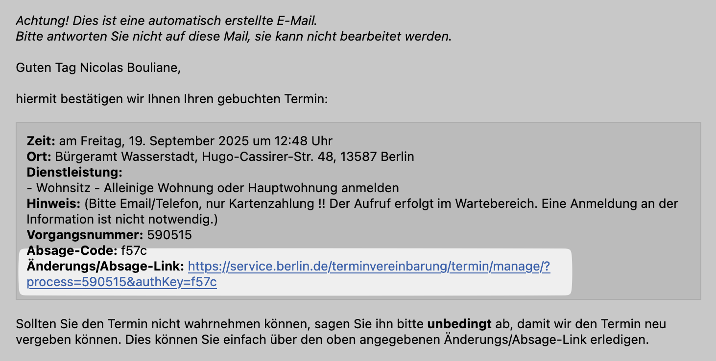 Link to cancel a Bürgeramt appointment