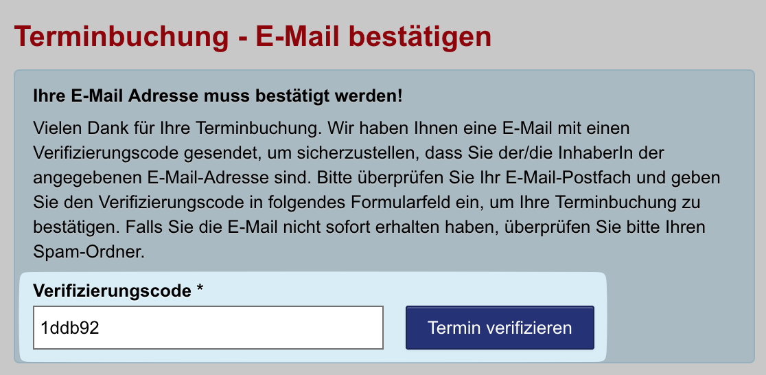 Berlin.de appointment verification code entry