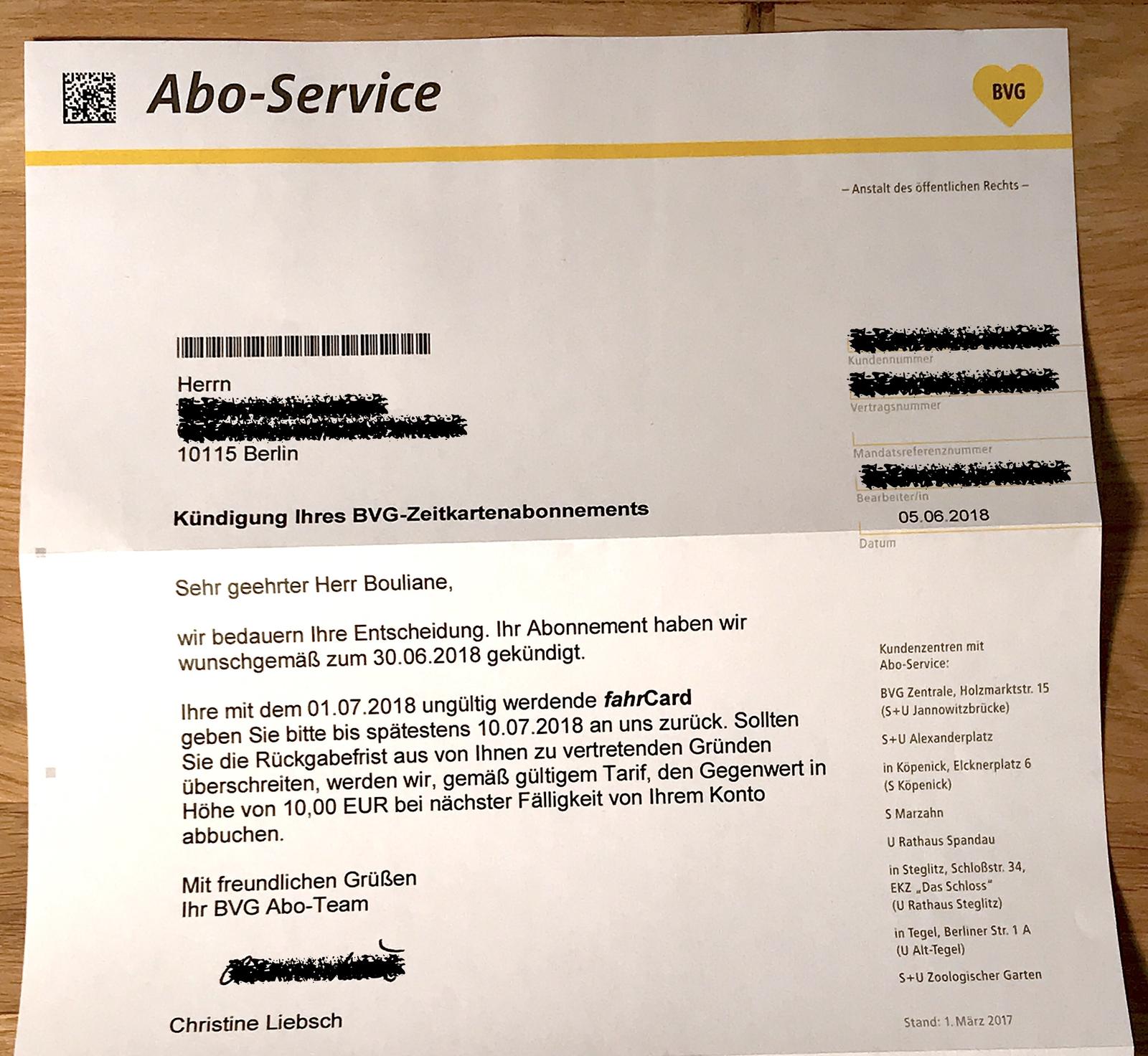 Confirmation letter after cancelling a BVG Abo