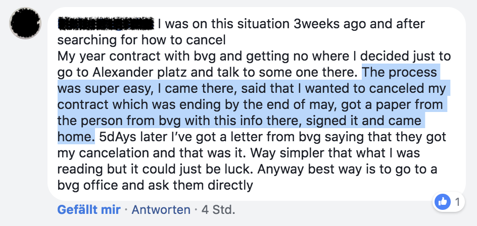 Facebook comment about cancelling a BVG Abo in person