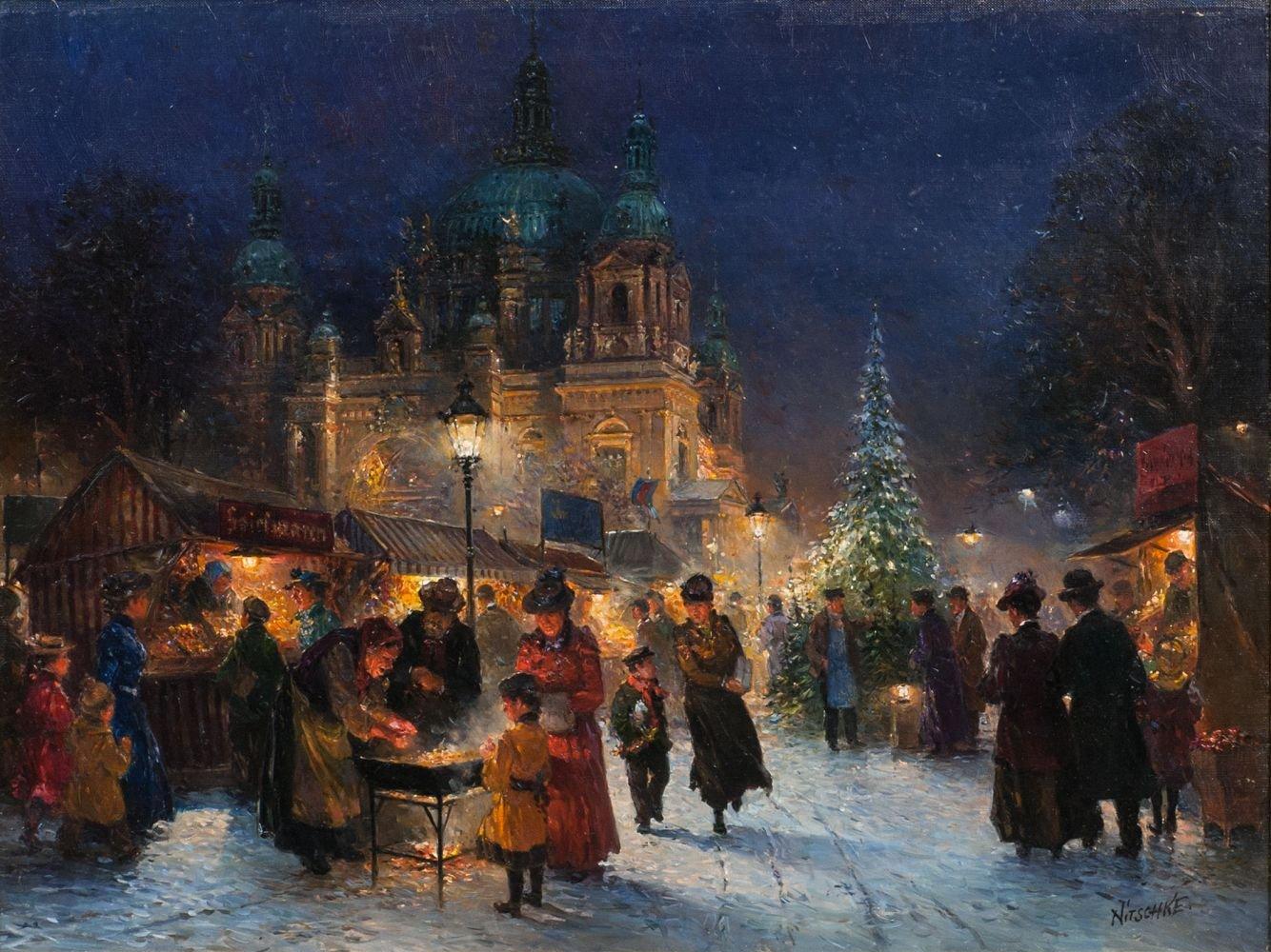 Oil painting of a Christmas market in Berlin