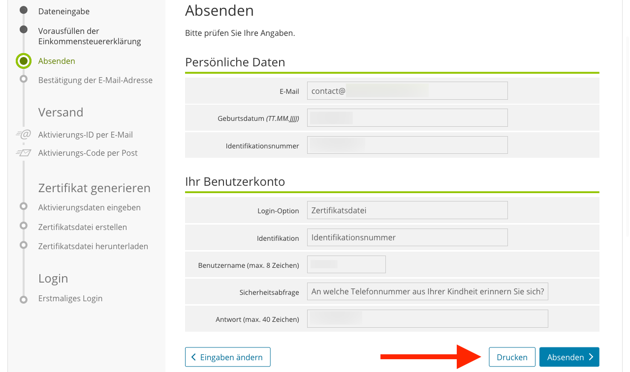 Screenshot of step to create an ELSTER account