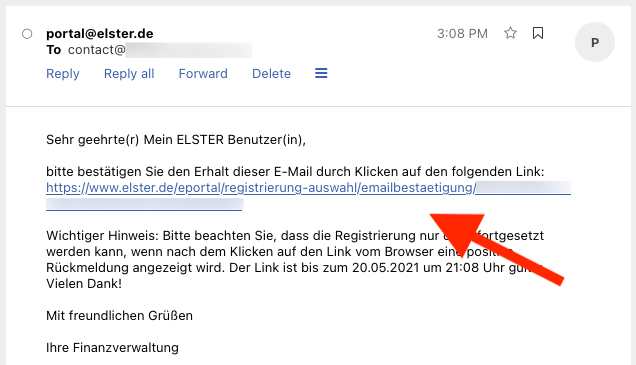 Screenshot of ELSTER email with activation link