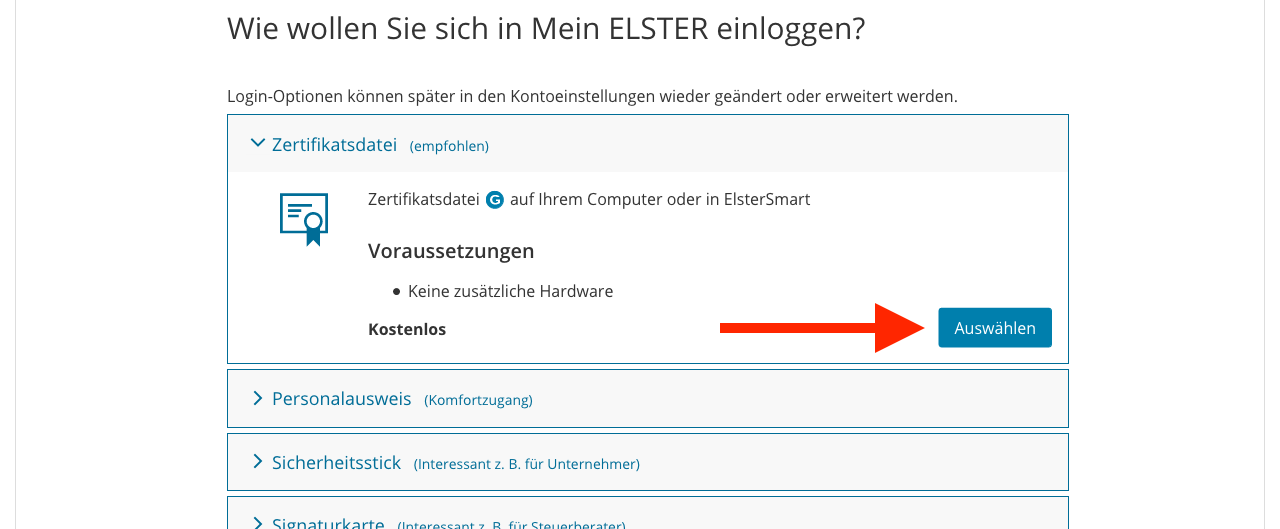 Screenshot of step to create an ELSTER account