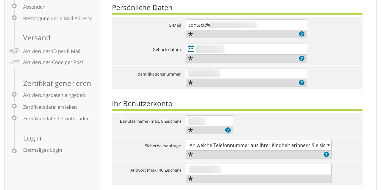 Screenshot of step to create an ELSTER account