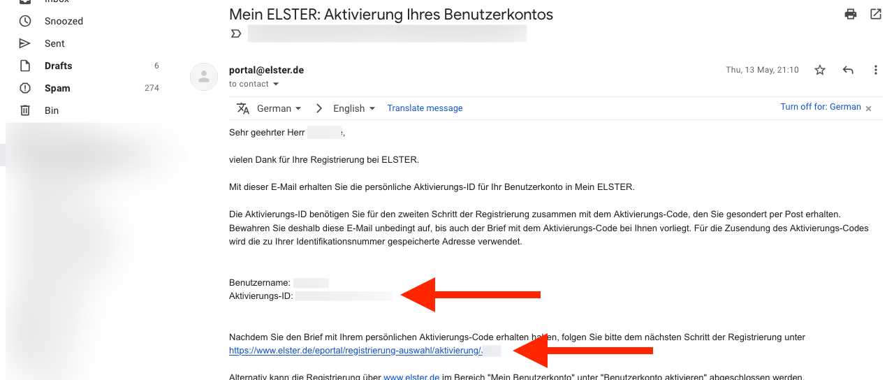 Screenshot of step to activate an ELSTER account