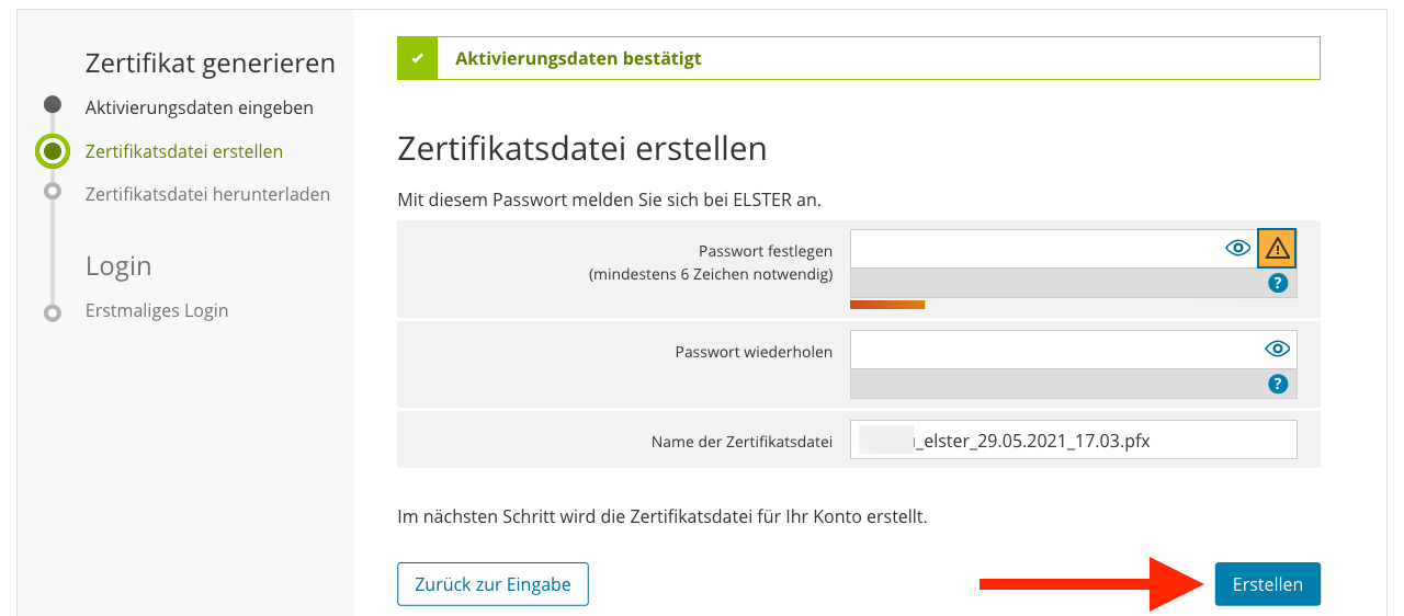 Screenshot of step to activate an ELSTER account