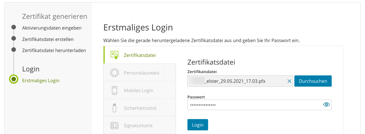 Screenshot of step to activate an ELSTER account