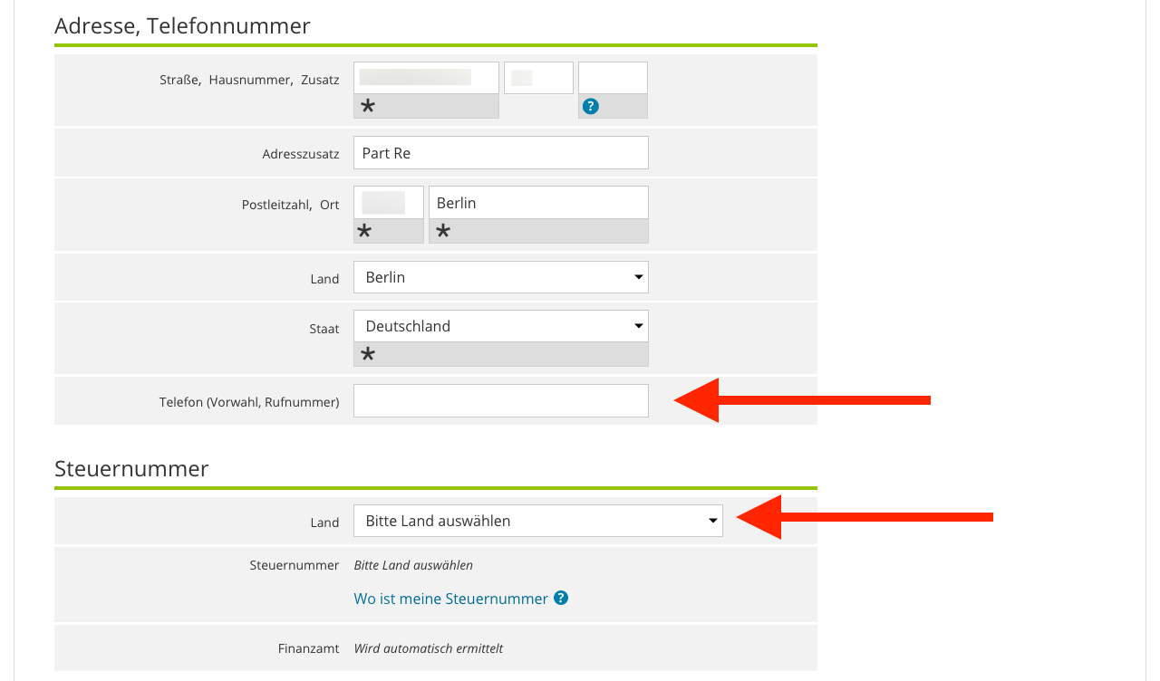 Screenshot of step to activate an ELSTER account