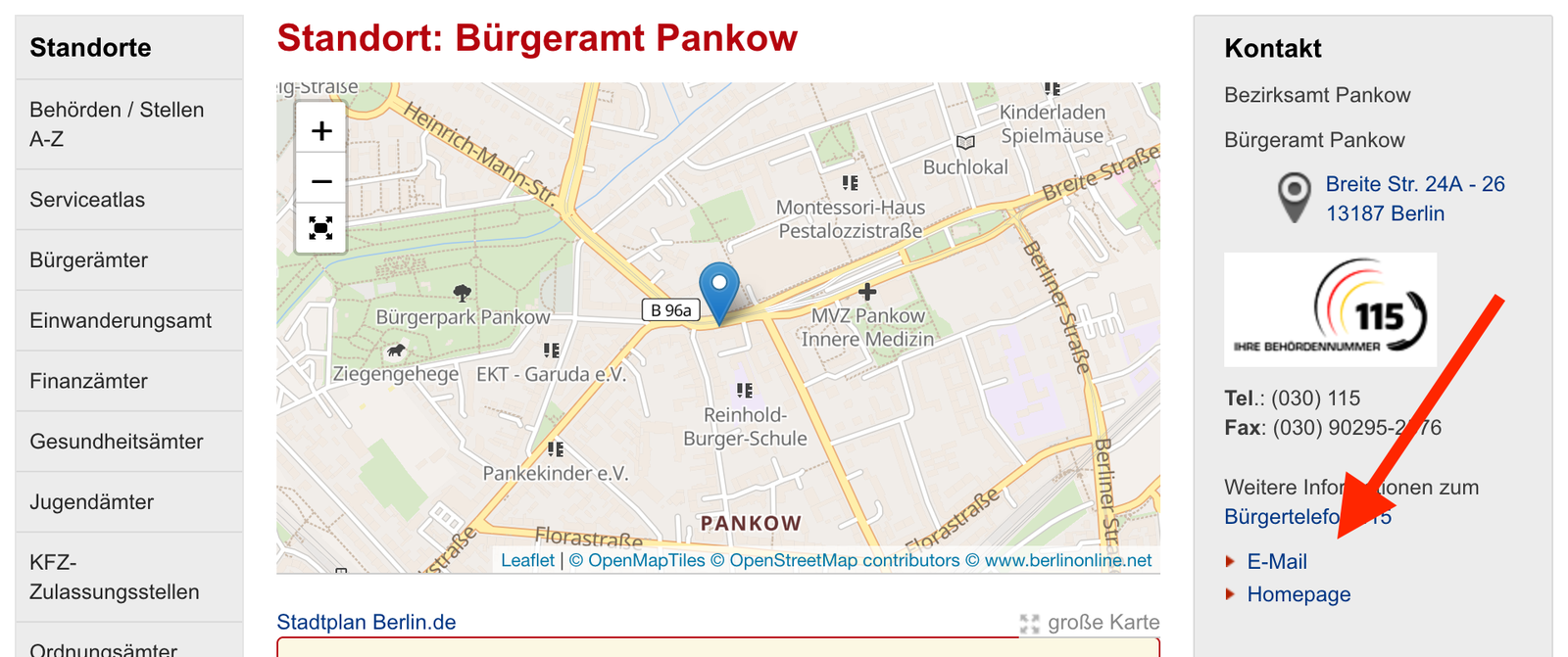 Where to find the email of a Berlin Bürgeramt