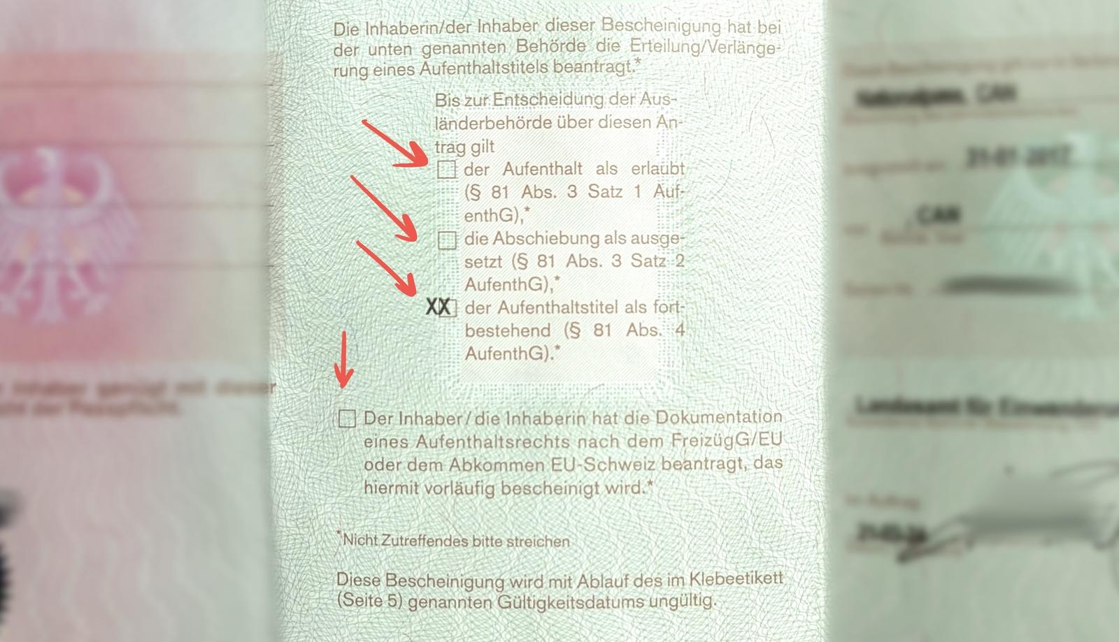 German Fiktionsbescheinigung type field