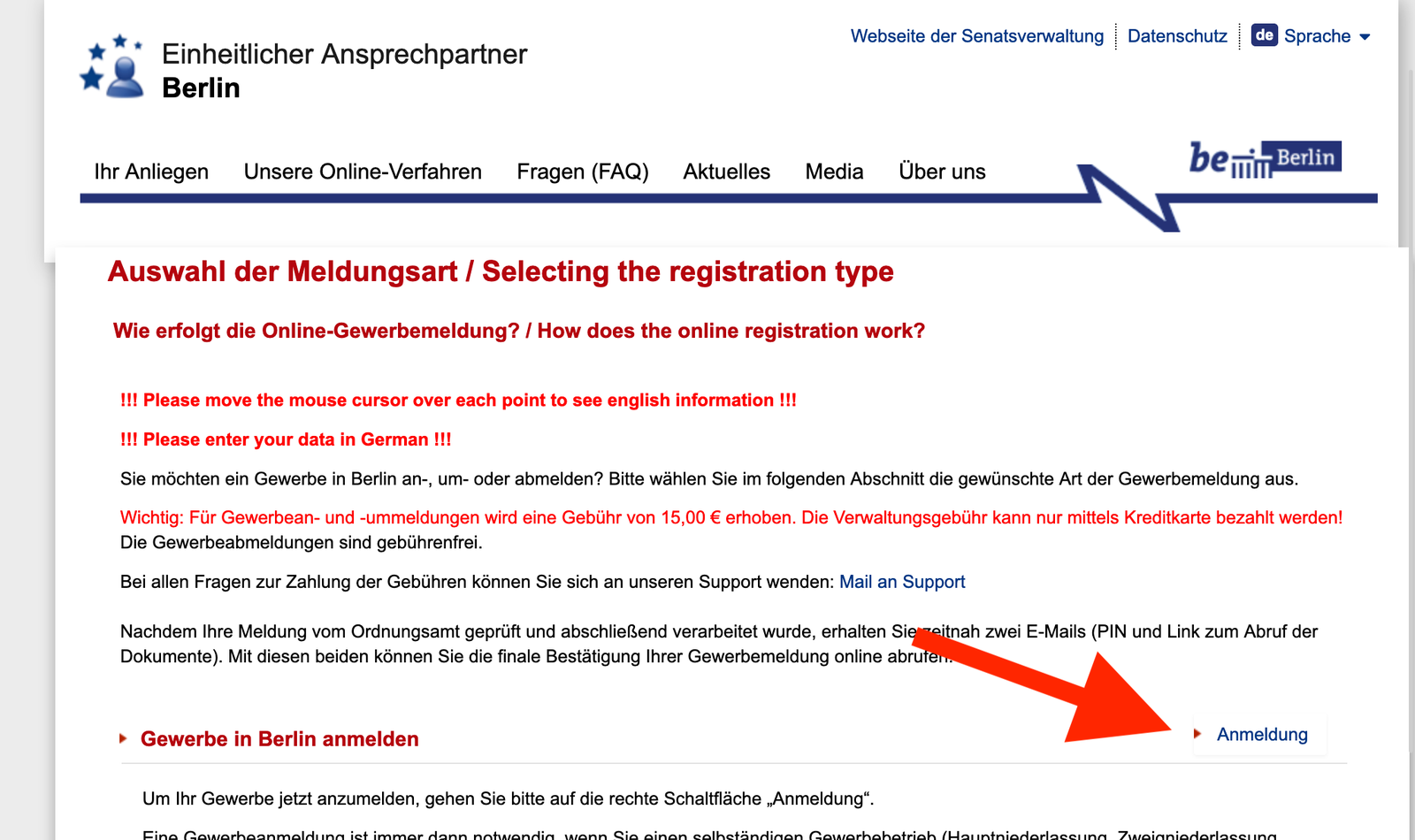 Start page of the Gewerbeanmeldung form