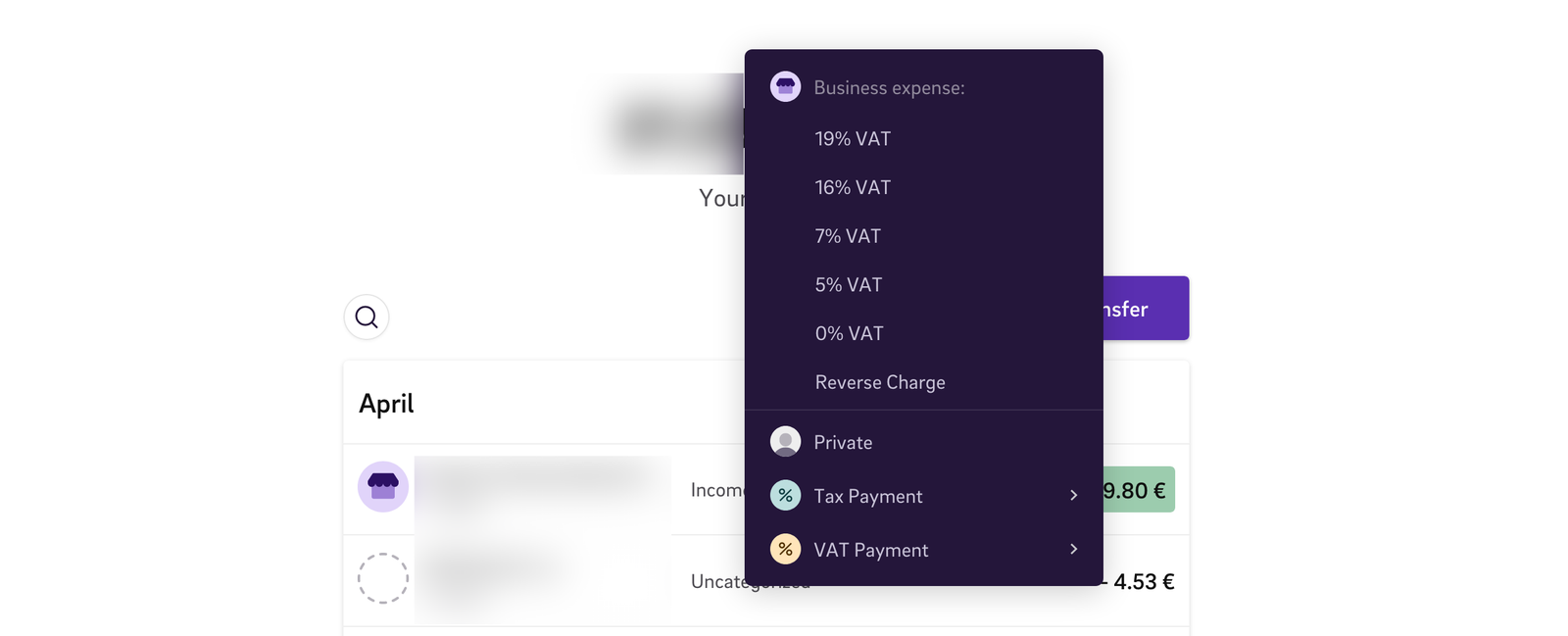Screenshot of Kontist app: setting the VAT on a transaction