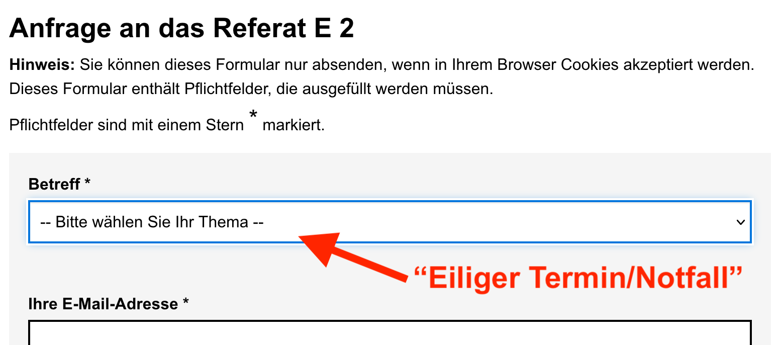 How to choose the emergency appointment option on the LEA contact form