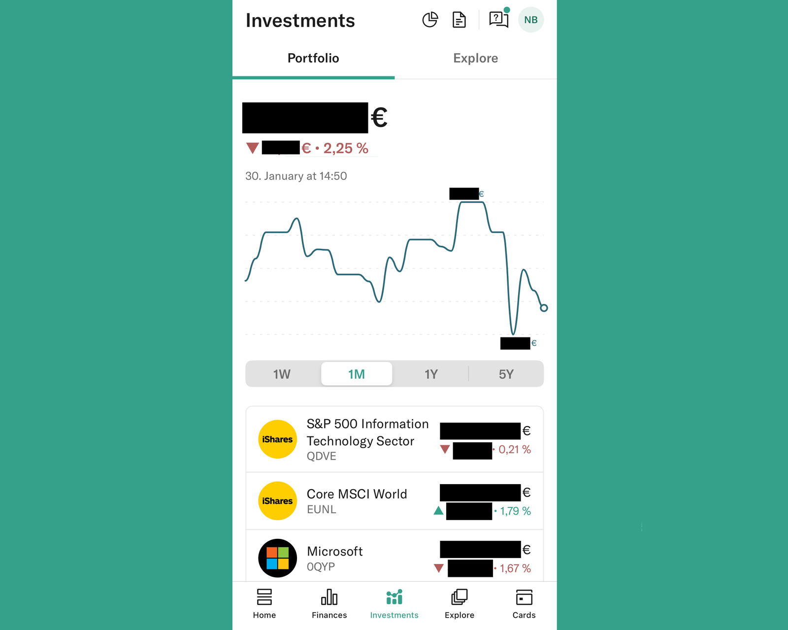 Screenshot of the stocks portfolio in the N26 app