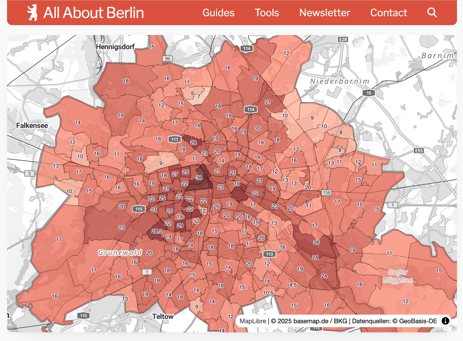Map of median rents per square metre