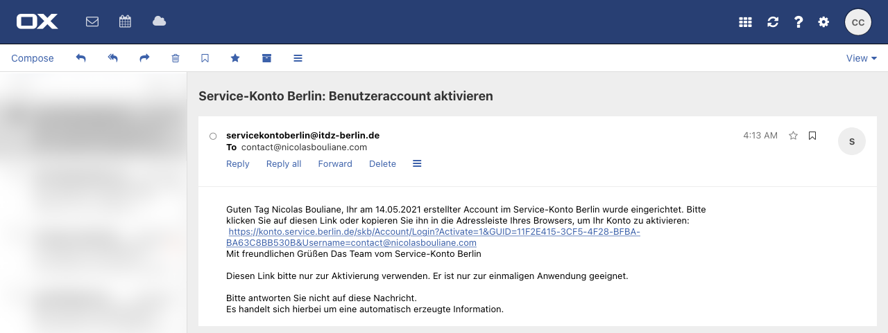 Berlin Service-Konto activation email