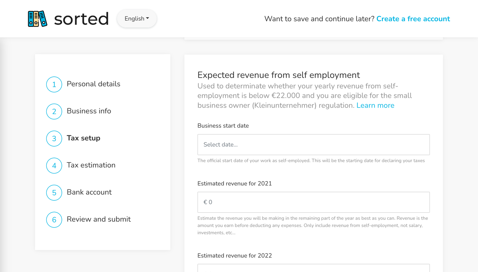 Screenshot of Sorted's Fragenbogen zur steuerlichen Erfassung tool