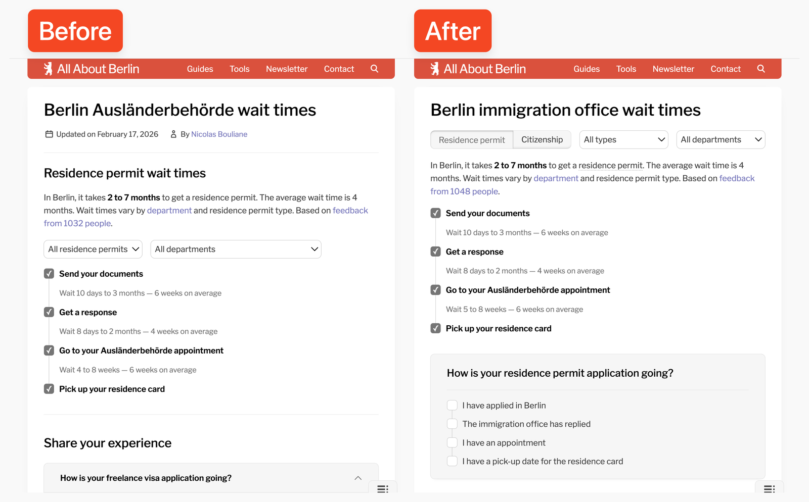 Immigration office wait times page redesign